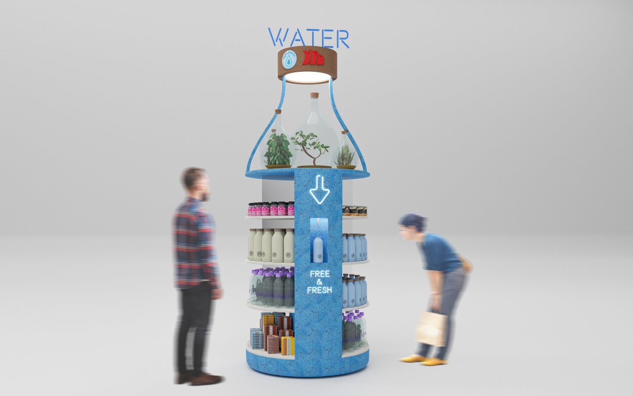 Free water station for airports. 100% sustainable materials. Shape of a bottle, blue colours.
